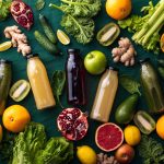 Fresh fruit and vegetable smoothies or juice in bottles with various ingredients around